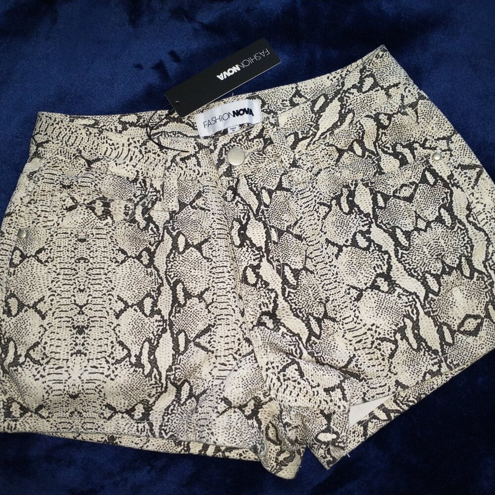 Snakeskin Denim Shorts, Mid-rise